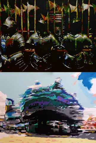 Fotografien von Grazer Sehenswürdigkeiten, Ritterrüstungen aus dem Zeughaus und das Kunsthaus malerisch verfremdet