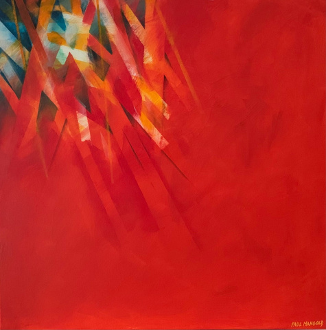 rotes quadratisches Bild , in der linken Ecke sind bunte grafische Linien diagonal eingearbeitet und ziehen zur Mitte hin. 