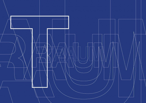 TRAUMRAUM in Blockschrift sich verjüngend auf blauem Grund