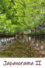japanischer Flußlauf mit roter kleiner Brücke von Bäumen überschattet , kaskadisch aufgelöst