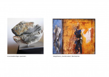 2 Werke:  1.eine Fischskulptur aus graubraunen Speckstein; 2. ein Bild geteilt einDrittel blauer HIntergrund mit weißschwarzer menschlicher Figur und zwei Drittel goldbrauner und weißer Hintergrund mit schwarzblauer menschlicher Figur
