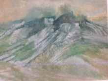 grün-braun-blau-graues  Aquarell einer gebirgigen Berglandschaft