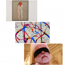 3 Bilder ; 1. Bild 2 menschen die sich vorsichtig umarmen, abstraktes Bild mit Linien und Farbspritzren, Ein weißbärtiges Männergesicht mit einer schwarzen Augenbimde an einem Holzpfahl gelehnt