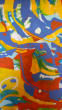 Acryl auf Leinwand, abstrakte Malerei, dominantre Farben blau, rot gelb und grün auf weißem Grund