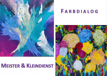 2 Bilder von den KünstlerInnen eines abstrakt das andere floral gemalt, aber in der ähnlichen Farbpalette, lila blau weiß purpur