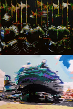 Fotografien von Grazer Sehenswürdigkeiten, Ritterrüstungen aus dem Zeughaus und das Kunsthaus malerisch verfremdet