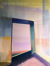 malerei, Blick aus einer großen blasslila Fensteröffnung mit blau schattierter Rahmung und blassgelb , -blau, -lila Wänden