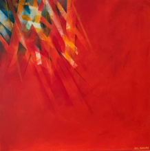 rotes quadratisches Bild , in der linken Ecke sind bunte grafische Linien diagonal eingearbeitet und ziehen zur Mitte hin. 