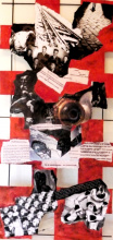 Collage, Fotos, Textteile, rot schwarz und weiß auf Gitter montiert