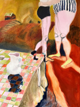 zwei tanzende menschliche Figuren bauchabwärts sichtbar in Bade- bzw Unterhosen, in einem Innenraum(Küchentisch mit kariertem Tischtuch in der linken unteren Bildhälfte)und einem Außenraum gestellt( Landschaft mit Häuschen in der Ferne in der oberen Bildhälfte