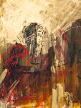 abstrakte Malerei in Braun- und Naturtönen, rote Einsprengseln, schemenhaftes Gesicht im Hintergrund 