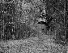 Peggau 2 Eingang  ; schwarzweiß Bild; altes Tor im Gebüsch und Wald versteckt