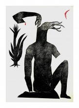 Druckgrafik: rechts eine schwarze Figur, ein abgeschnittener Arm mit rotem Blutstropfen, darunter eine Pflanze und im rechten oberen Eck ein roter schmaler HalbmondArm mit ei